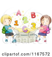 Cartoon Of A School Boy And Girl Holding Open A Bag With Letters And Numbers Royalty Free Vector Clipart