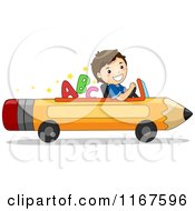 Cartoon Of A Happy School Boy Driving A Pencil Car With Letters Royalty Free Vector Clipart