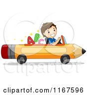 Poster, Art Print Of Happy School Boy Driving A Pencil Car With Letters