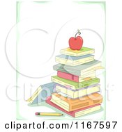 Cartoon Of A Red Appl On A Stack Of Books With Copyspace And A Green Border Royalty Free Vector Clipart