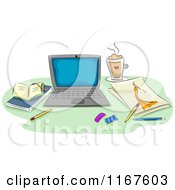Poster, Art Print Of Laptop Fashion Sketch Coffee And Books On A Desk