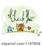 Thank You Text With An Owl Bird Worm And Flowers