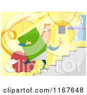 Cartoon Of A Retro Teacher Racing Up Stairs With A Book Royalty Free Vector Clipart
