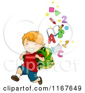 Cartoon Of A Happy School Boy Running With A Backpack And Floating Letters And Numbers Royalty Free Vector Clipart