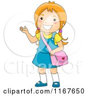 Cartoon Of A Happy School Girl Presenting Royalty Free Vector Clipart
