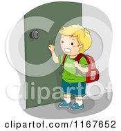 Poster, Art Print Of Happy Blond School Boy Knocking On A Door