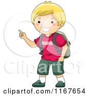 Cartoon Of A Happy Blond School Boy Pointing Royalty Free Vector Clipart