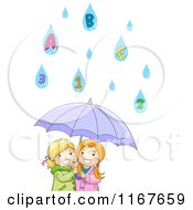 Two Happy Girls Under An Umbrella With Number And Letter Rain Drops