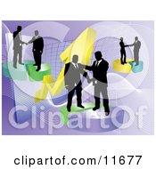 Groups Of Businessmen Shaking Hands On Deals On Pie Charts Increasing Revenue For The Company Clipart Illustration