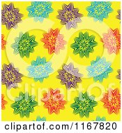 Cartoon Of A Seamless Pattern Of Colorful Starbursts Over Yellow Royalty Free Vector Clipart by Cherie Reve