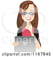 Clipart Of A Happy Brunette Woman With Glasses Using A Laptop Royalty Free Vector Illustration