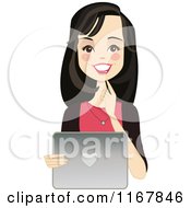 Clipart Of A Happy Black Haired Woman Using A Laptop Royalty Free Vector Illustration