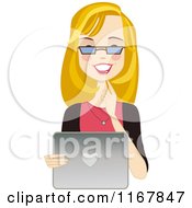 Clipart Of A Happy Blond Woman With Glasses Using A Laptop Royalty Free Vector Illustration