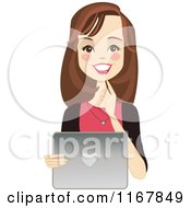 Clipart Of A Happy Brunette Woman Using A Laptop Royalty Free Vector Illustration