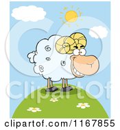 Cartoon Of A Grinning White Ram On A Hill Royalty Free Vector Clipart