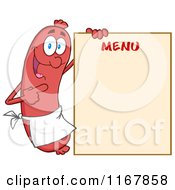 Cartoon Of A Sausage Mascot Pointing To Menu Board Royalty Free Vector Clipart