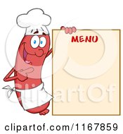 Poster, Art Print Of Chef Sausage Mascot Pointing To Menu Board