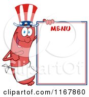 American Sausage Mascot Pointing To Menu Board