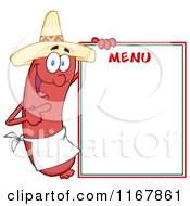 Mexican Sausage Mascot Pointing To Menu Board