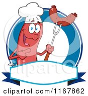 Cartoon Of A Chef Sausage Mascot With Meatn On A Fork Over A Banner And Circle Royalty Free Vector Clipart