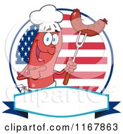 Chef Sausage Mascot With Meatn On A Fork Over A Banner And American Circle