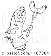 Cartoon Of An Outlined Sausage Mascot Pointing To A Weenie On A Fork Royalty Free Vector Clipart