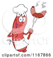 Chef Sausage Mascot Pointing To A Weenie On A Fork