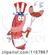 Cartoon Of An American Sausage Mascot Pointing To A Weenie On A Fork Royalty Free Vector Clipart