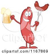 Cartoon Of A Sausage Mascot With Legs Holding A Beer And Meat On A Fork Royalty Free Vector Clipart