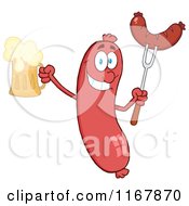 Sausage Mascot Holding A Beer And Meat On A Fork by Hit Toon