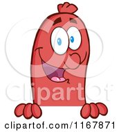 Cartoon Of A Happy Sausage Mascot Over A Sign Or Surface Royalty Free Vector Clipart