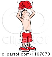 Cartoon Of An Unlikely Victor Boxer Man Holding Up His Gloves Royalty Free Vector Clipart by Johnny Sajem