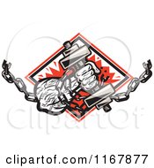 Poster, Art Print Of Strongman With Chains And A Dumbbell In Hand Crashing Through A Red Diamond