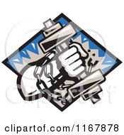 Poster, Art Print Of Strongman With Chains And A Dumbbell In Hand Crashing Through A Blue Diamond