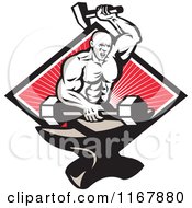 Poster, Art Print Of Strong Blacksmith Forging A Barbell On An Anvil Over A Diamond Of Rays On Red