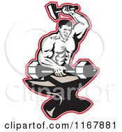 Poster, Art Print Of Strong Blacksmith Forging A Barbell On An Anvil Outlined In Red