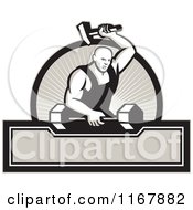 Poster, Art Print Of Strong Blacksmith Striking A Barbell Over A Circle Of Rays And Banner