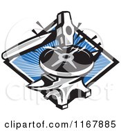 Clipart Of A Sledgehammer Stricking A Plate Weight On An Anvil Over A Blue Ray Diamond Royalty Free Vector Illustration