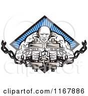 Bodybuilder With Chains And Dumbbells Over A Blue Ray Diamond