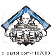 Poster, Art Print Of Bodybuilder With Chains Holding Dumbbells Over A Blue Ray Diamond