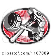 Clipart Of A Crossed Woodcut Sledgehammer And Dumbbell Over A Red Ray Oval Royalty Free Vector Illustration
