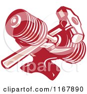 Clipart Of A Crossed Red Sledgehammer And Dumbbell Over An Anvil Royalty Free Vector Illustration by patrimonio