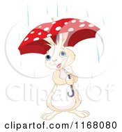 Cartoon Of A Cute White Rabbit With A Polka Dot Umbrella In The Rain Royalty Free Vector Clipart by Pushkin