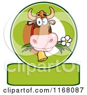 Poster, Art Print Of Cow Eating A Daisy Flower Over A Green Banner
