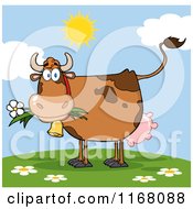 Poster, Art Print Of Brown Cow Eating A Daisy Flower On A Hill