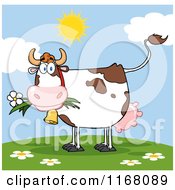 Poster, Art Print Of Cow Eating A Daisy Flower On A Hill