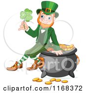 Poster, Art Print Of Happy Leprechaun Sitting On A Pot Of Gold And Holding A Lucky Clover