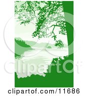 Lake Mountains And Trees In Green Tones Clipart Illustration