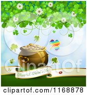 Clipart Of A Happy St Patricks Day Greeting Background With Shamrocks And A Pot Of Leprechauns Gold Royalty Free Vector Illustration