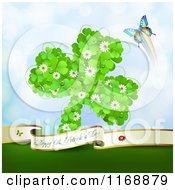 Clipart Of A Happy St Patricks Day Greeting Butterfly And Shamrock Made Of Clovers On Blue Royalty Free Vector Illustration